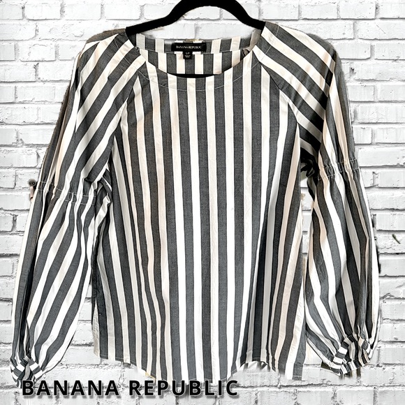 WHITE & GREY STRIPED COTTON BLOUSE FROM BANANA REPUBLIC- BALLOON SLEEVE | SMALL - Picture 1 of 5